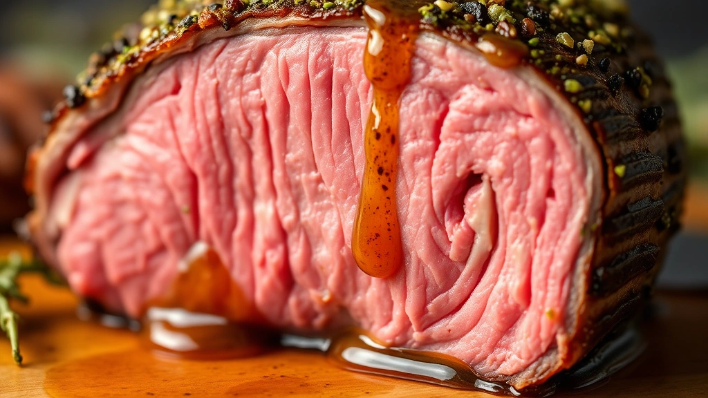 detail: close-up cross section of perfectly cooked pink venison tenderloin with herb crust, sauce dripping, macro photography, no text