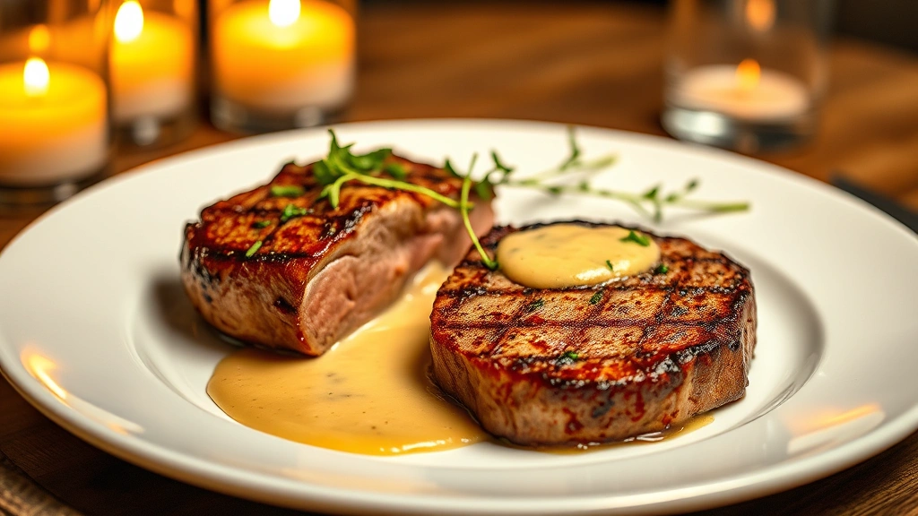 hero: perfectly cooked deer tenderloin steaks with golden crust, medium-rare center, plated with creamy pan sauce and fresh herbs, warm candlelight, elegant white plate, photorealistic, natural light, no text