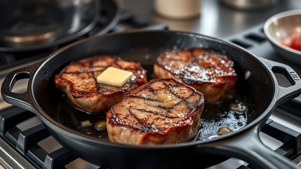 process: searing deer steaks in cast-iron skillet with visible golden crust forming, butter foaming, professional kitchen setting, photorealistic, natural light, no text