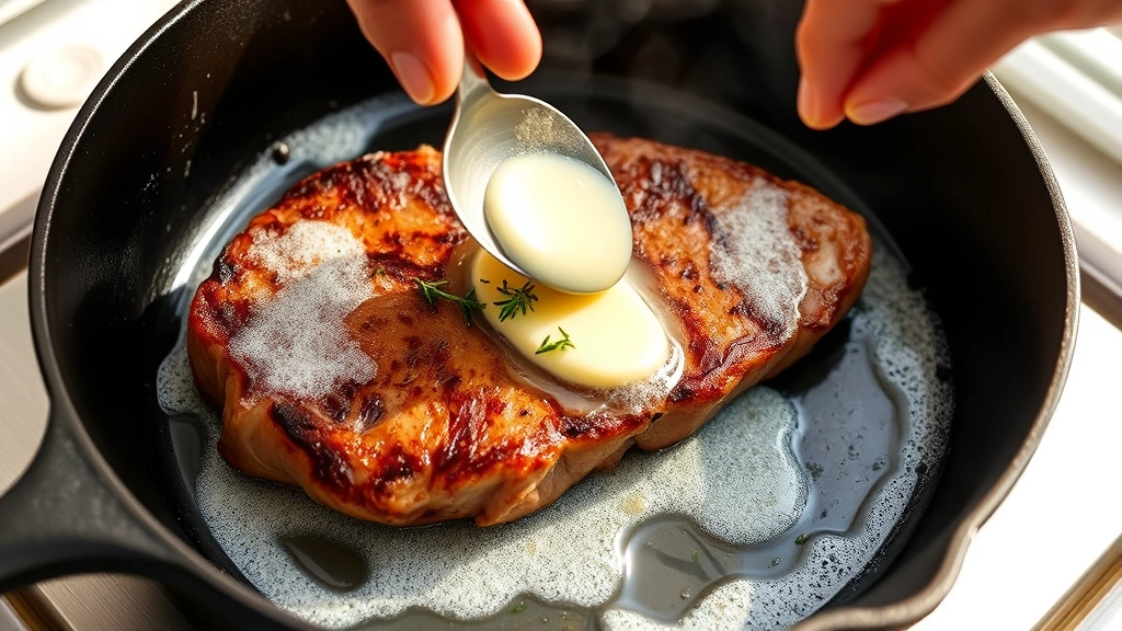 process: cast iron skillet with steak being basted with foaming butter and fresh thyme, chef's hand with spoon, golden brown exterior visible, steam rising, warm natural light from side