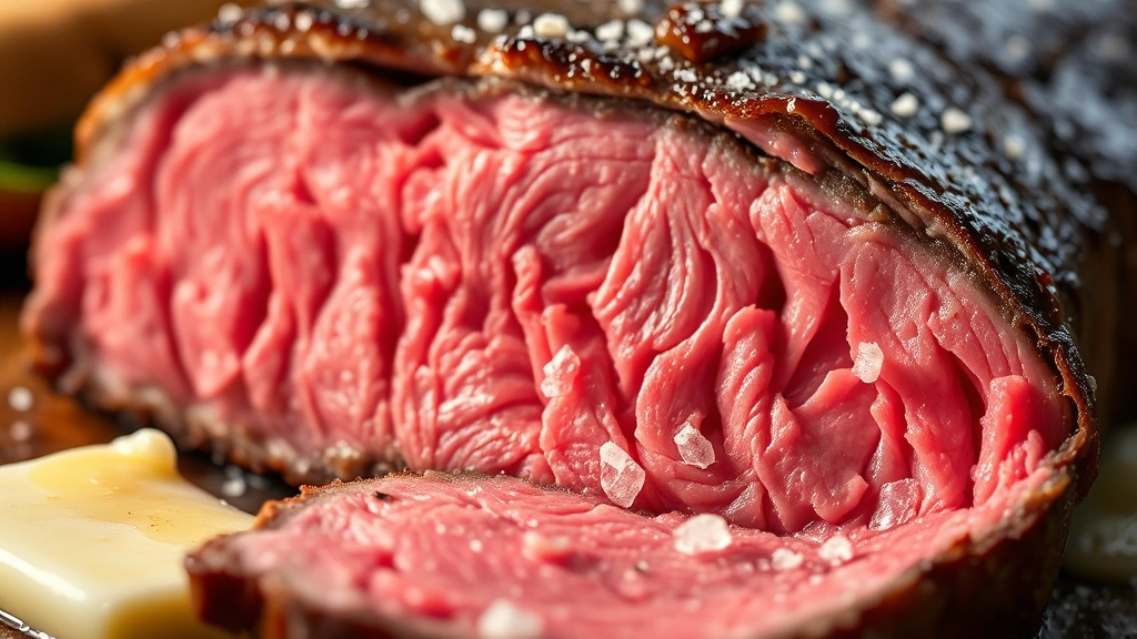 detail: close-up cross-section of cut Delmonico steak showing perfect medium-rare pink center with beautiful brown crust, fleur de sel crystals visible, melting butter nearby, shallow focus, warm lighting