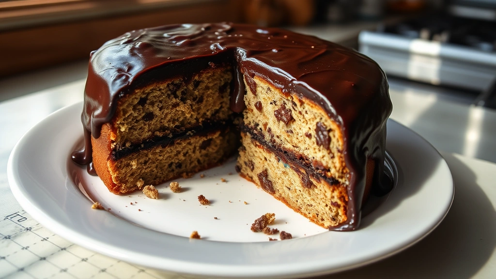 hero: classic depression cake on a white plate with chocolate frosting, slice removed showing moist chocolate crumb, natural window light, vintage kitchen setting, no text