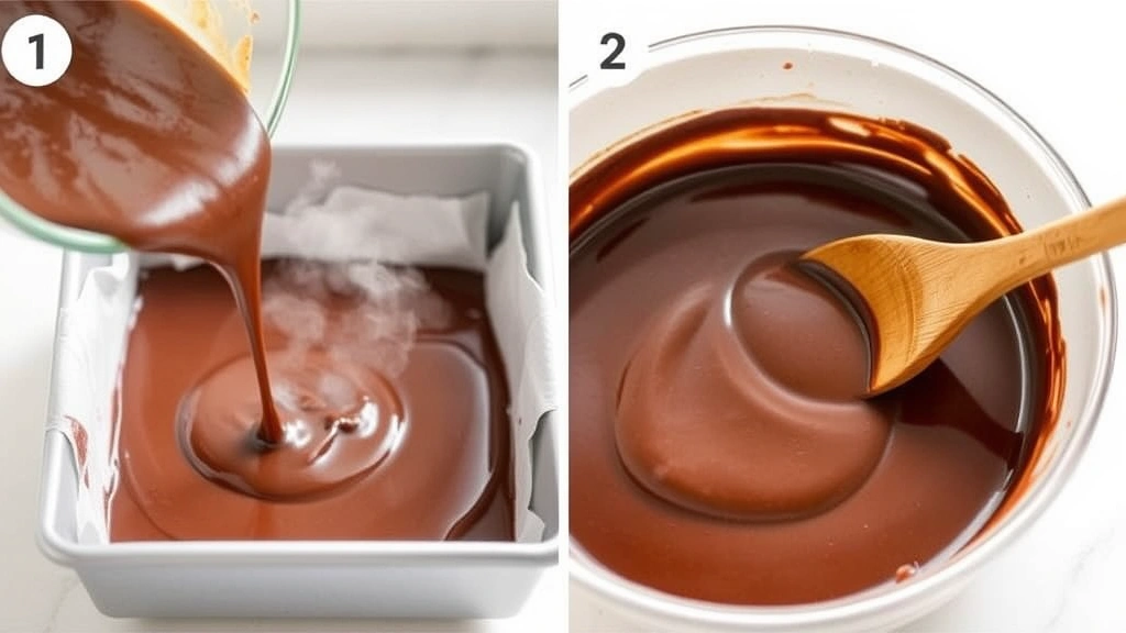 process: pouring chocolate batter into greased baking pan, steam rising from hot liquid, wooden spoon resting on bowl, bright kitchen lighting, no text