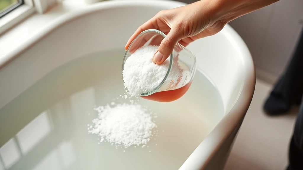 process: hands pouring Epsom salt mixture into warm bathwater, close-up action shot, photorealistic, natural window light, no text