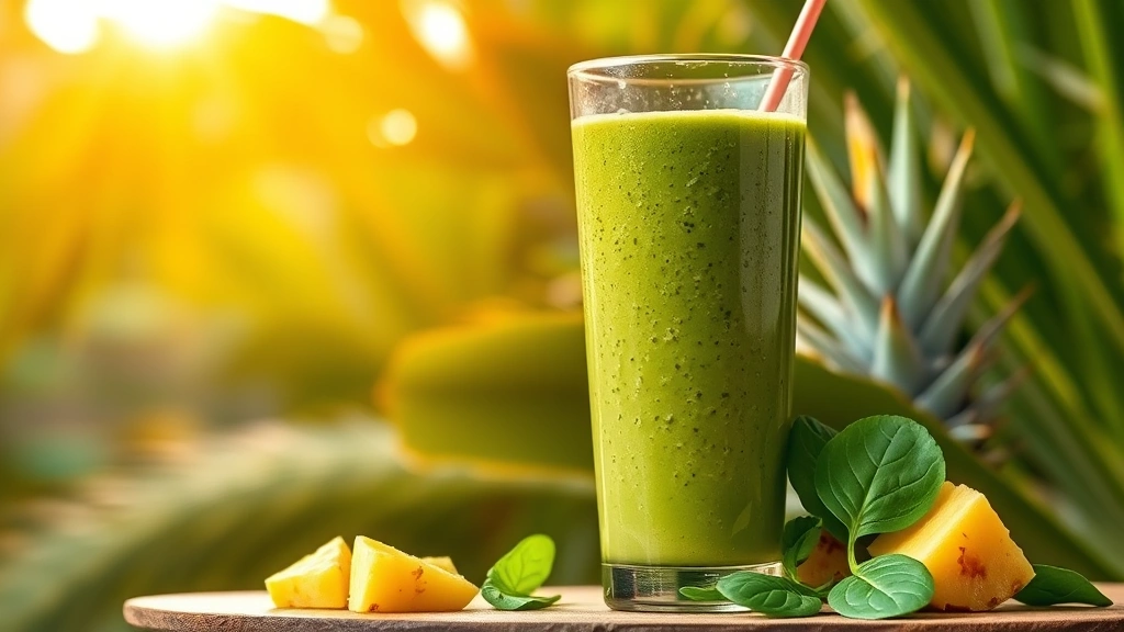hero: vibrant green detox smoothie in a tall glass with pineapple chunks and fresh spinach leaves on the side, tropical background, golden hour sunlight streaming through, photorealistic, natural light, no text