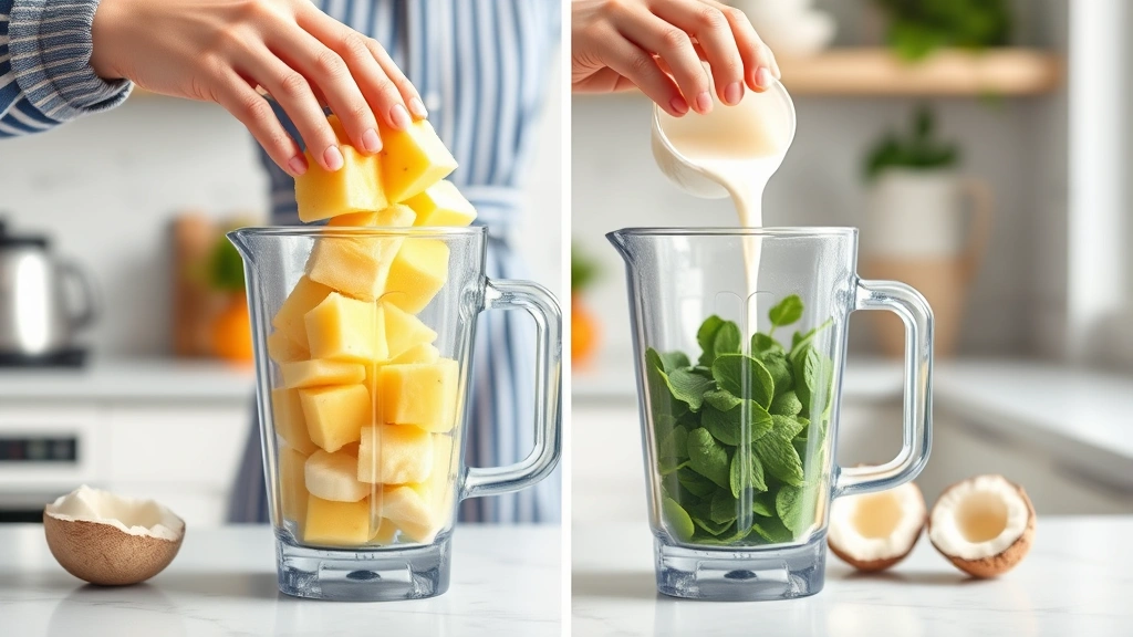 process: hands pouring frozen banana and pineapple into a clear blender pitcher, fresh spinach visible, coconut milk being poured, bright kitchen setting, photorealistic, natural light, no text
