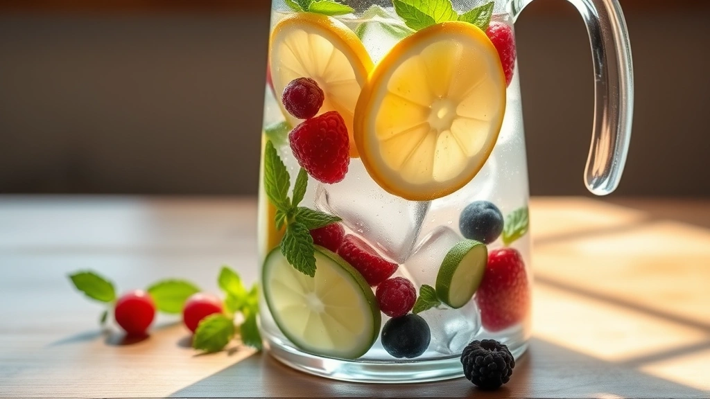 hero: tall glass pitcher filled with clear infused water containing lemon slices, cucumber, fresh mint leaves and berries, ice cubes visible, condensation on glass, natural sunlight streaming through, wooden surface, fresh and vibrant, photorealistic, no text