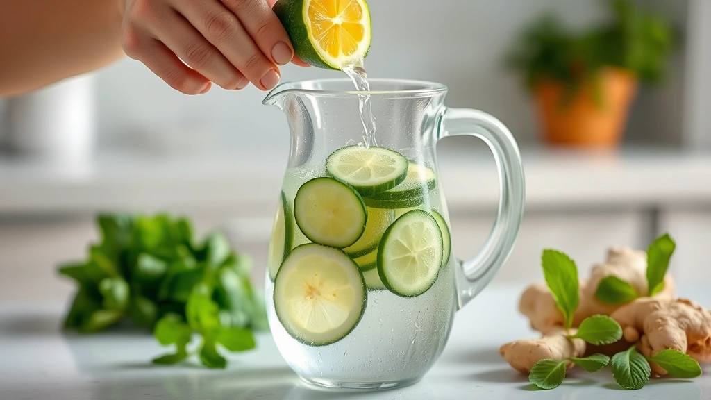 process: hands pouring sliced lemon and cucumber into clear glass pitcher with filtered water, fresh mint and ginger visible nearby, bright kitchen lighting, mid-action shot, photorealistic, no text