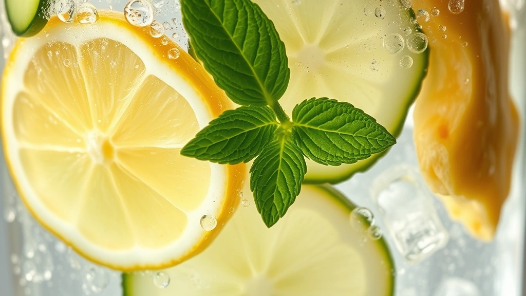 detail: close-up macro shot of detox water showing lemon slice, cucumber round, mint leaf and ginger slice suspended in clear water with visible bubbles and ice crystals, natural backlighting, photorealistic, no text
