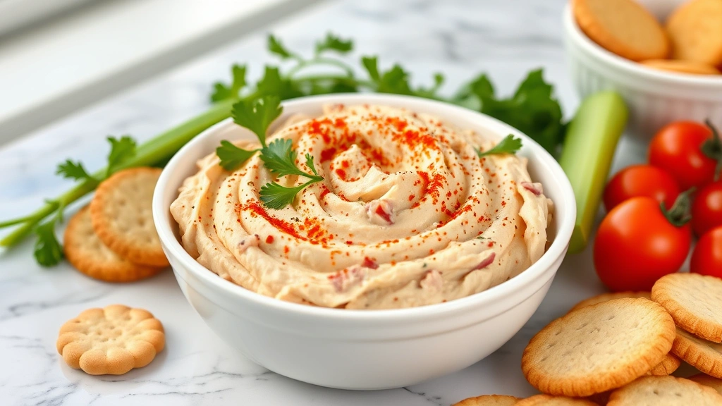 hero: creamy deviled ham spread in white bowl garnished with paprika and fresh parsley on marble counter, surrounded by crackers and fresh vegetables, natural morning light, no text