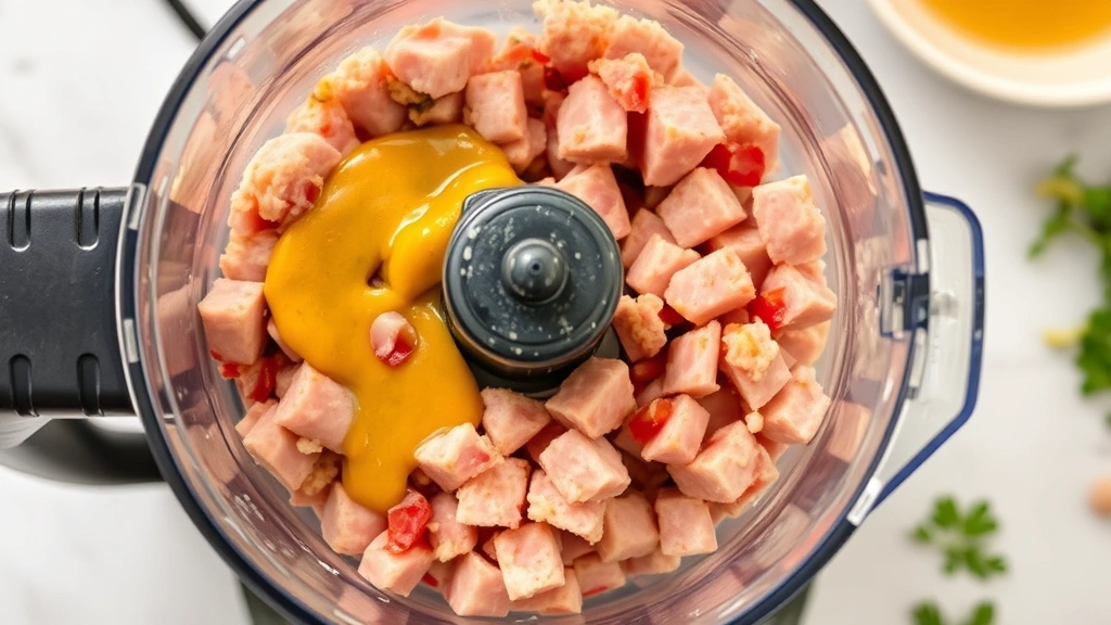 process: food processor pulsing ham chunks into fine texture with Dijon mustard and ingredients visible, overhead shot, natural kitchen light, no text