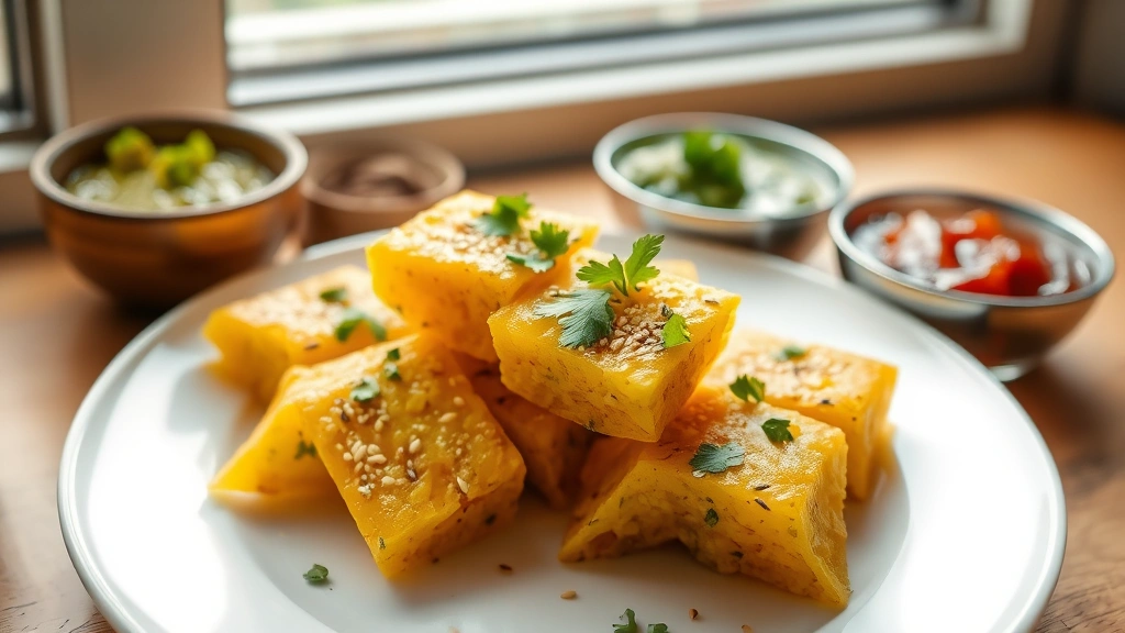 hero: golden-yellow steamed dhokla cut into diamond pieces on a white plate, topped with sesame seeds and fresh cilantro, served with small bowls of green chutney and tamarind chutney, natural window lighting, shallow depth of field, photorealistic, no text