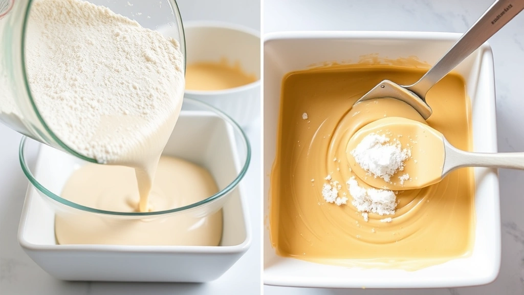 process: pouring smooth gram flour batter into greased square baking dish, white bowl with golden batter in background, baking soda being folded in with spatula creating airy texture, bright kitchen counter, natural daylight, photorealistic, no text