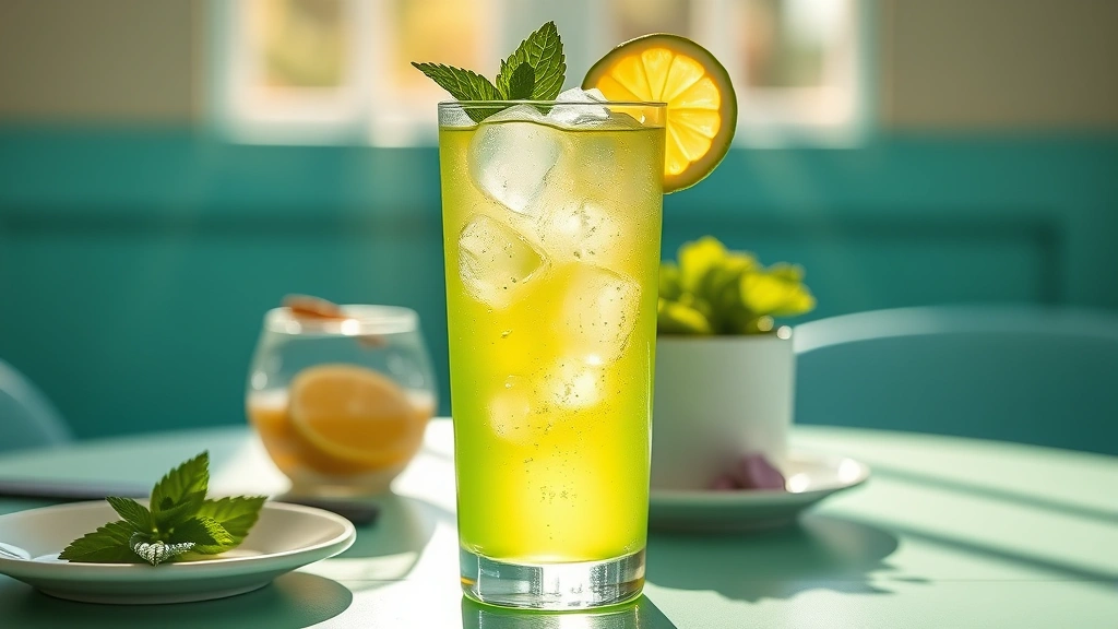 hero: vibrant green mocktail in a tall highball glass filled with ice, fresh mint sprig and lime wheel garnish, natural sunlight streaming through creating beautiful shadows, condensation on glass, sitting on a preppy pastel table setting, photorealistic, no text