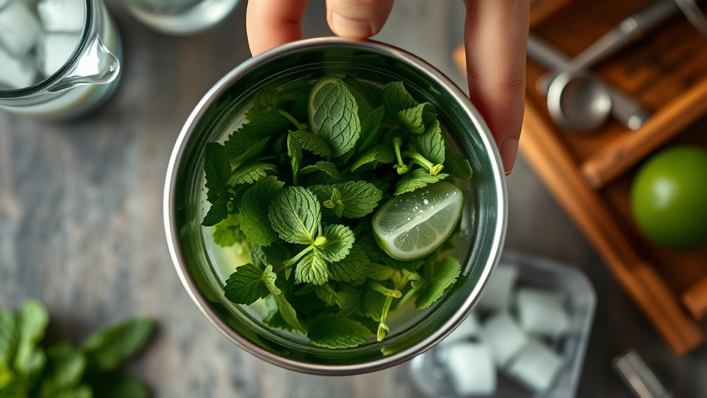 process: overhead shot of muddling fresh mint leaves in a cocktail shaker with lime juice, ice cubes visible, bar tools arranged nearby, natural diffused light, photorealistic, no text