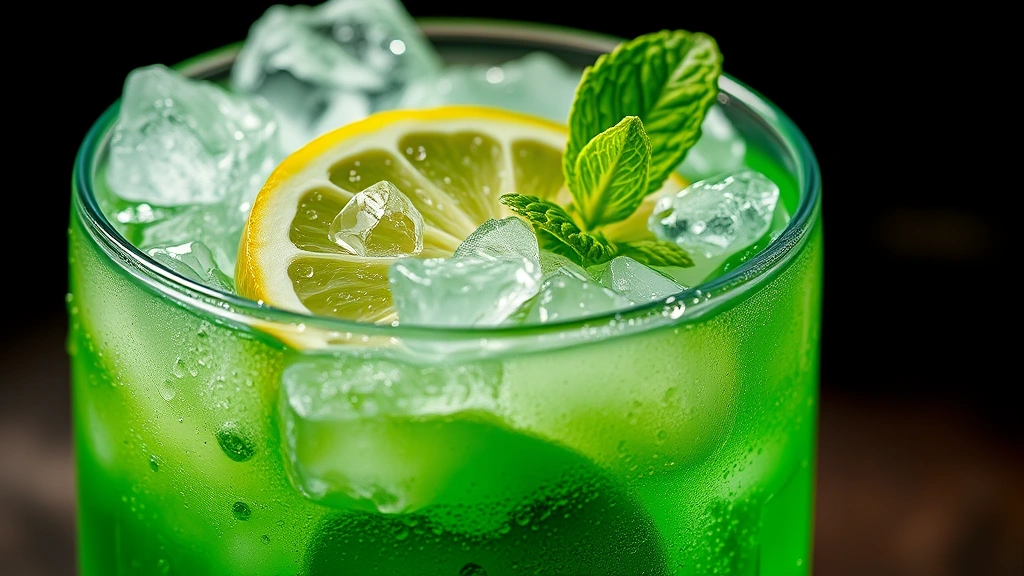 detail: close-up macro shot of crushed ice in the finished mocktail, lime wheel and fresh mint leaves visible, emerald green color prominent, water droplets on glass exterior, natural bright light, photorealistic, no text