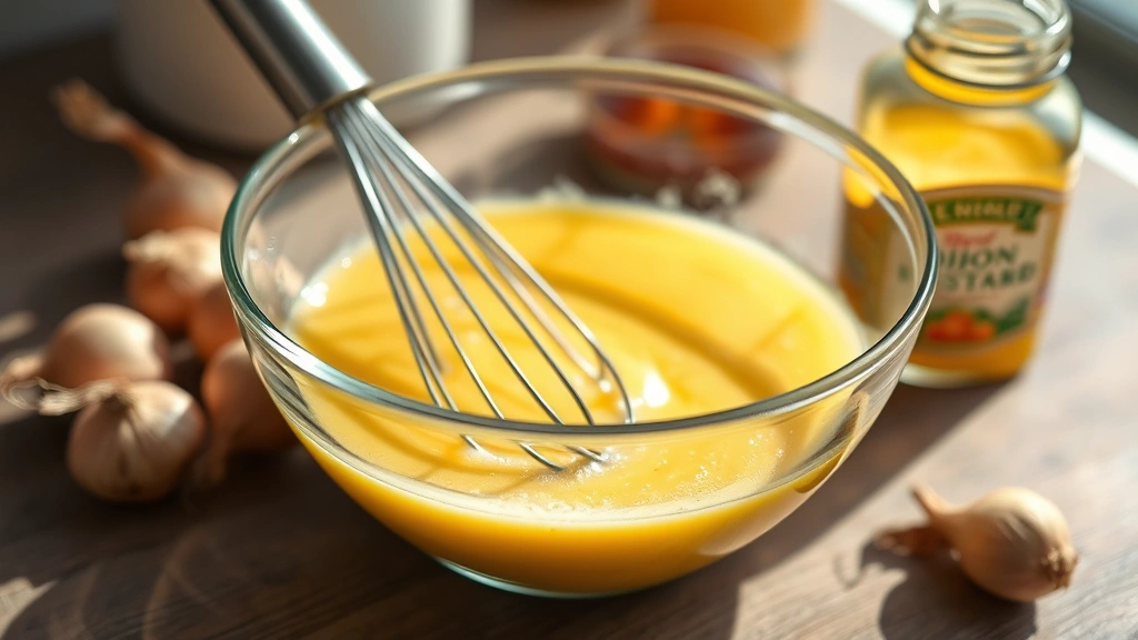 hero: perfectly emulsified Dijon vinaigrette in a clear glass bowl with a whisk, silky smooth creamy texture, afternoon natural light streaming through, shallow depth of field, fresh shallots and Dijon mustard jar visible nearby