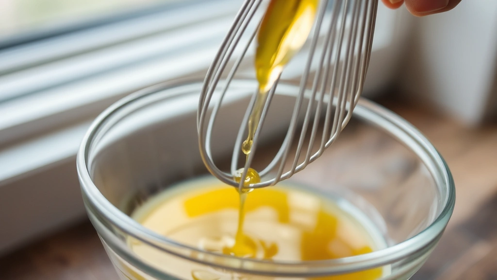 process: close-up action shot of whisking vinaigrette, oil being added slowly, emulsification happening in real time, golden olive oil dripping into mustard mixture, natural window light, dynamic composition