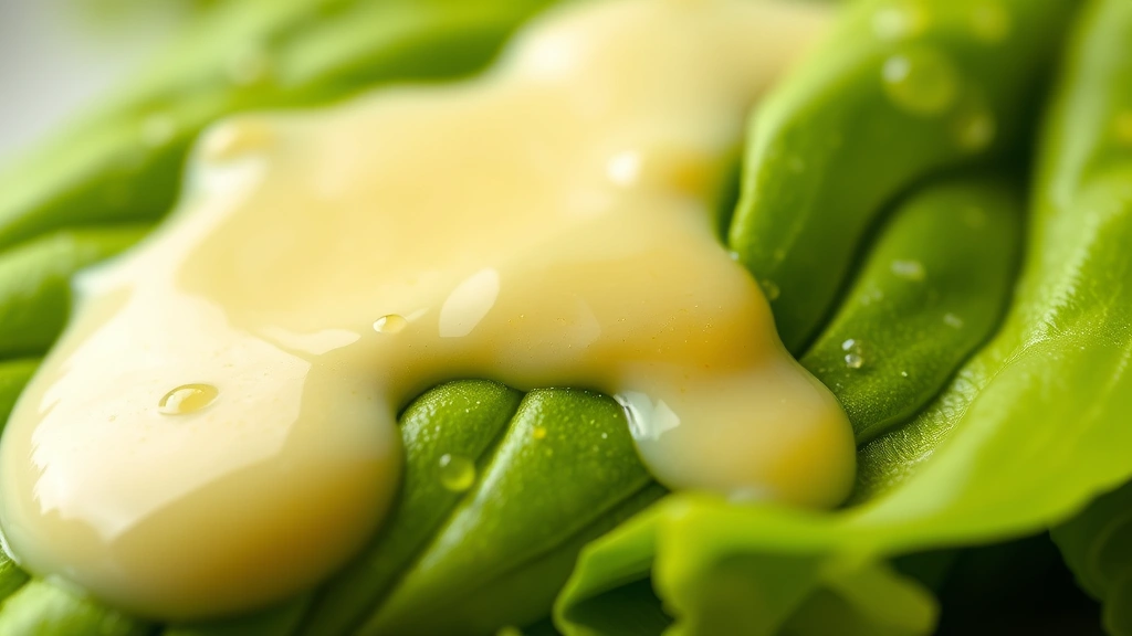 detail: macro photograph of creamy vinaigrette coating a fresh green leaf, droplets glistening, shallow focus on the silky texture, natural light, professional food styling, no text visible