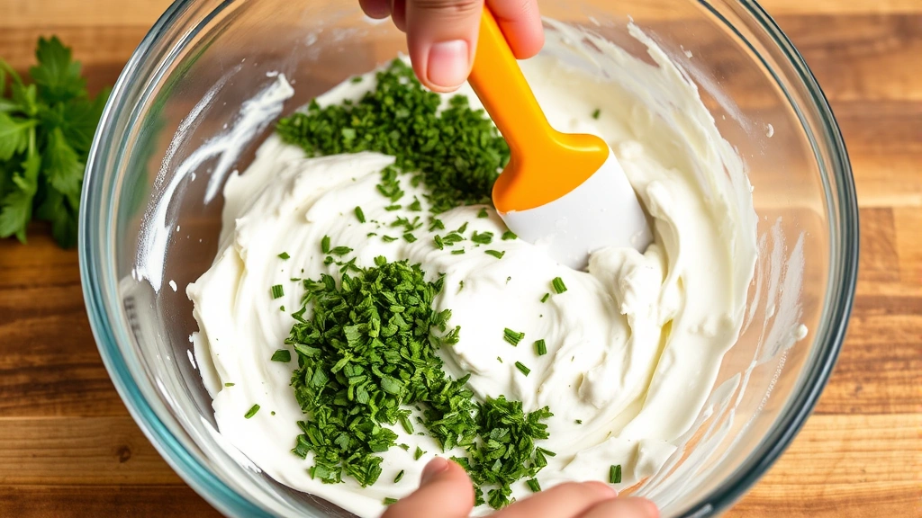 process: hands folding fresh herbs into cream cheese and sour cream mixture in a glass bowl using a rubber spatula, photorealistic, natural kitchen lighting, no text, showing texture and ingredients