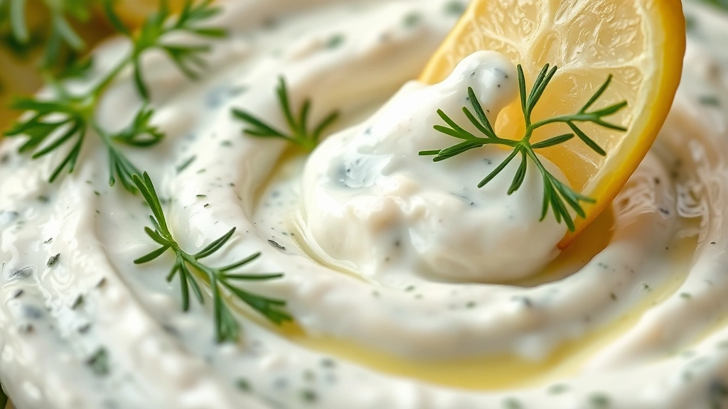 detail: close-up of creamy dill dip texture with fresh dill garnish, a vegetable slice being dipped into the dip, photorealistic, soft natural light, no text, shallow depth of field