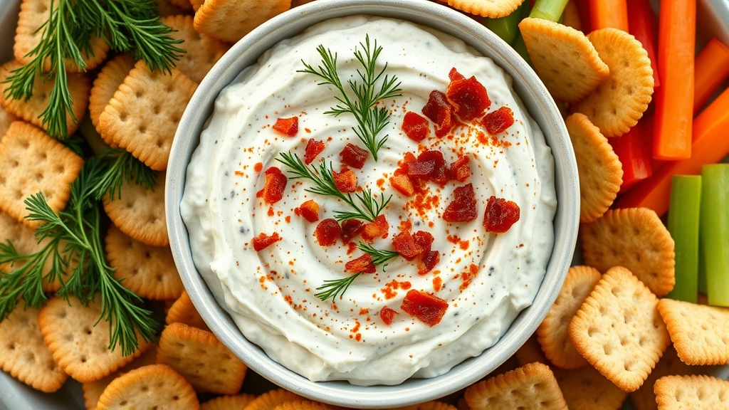 hero: bowl of creamy dill pickle dip garnished with fresh dill, crispy bacon bits, and paprika, surrounded by crackers and fresh vegetables, photorealistic, natural window light, overhead shot, no text