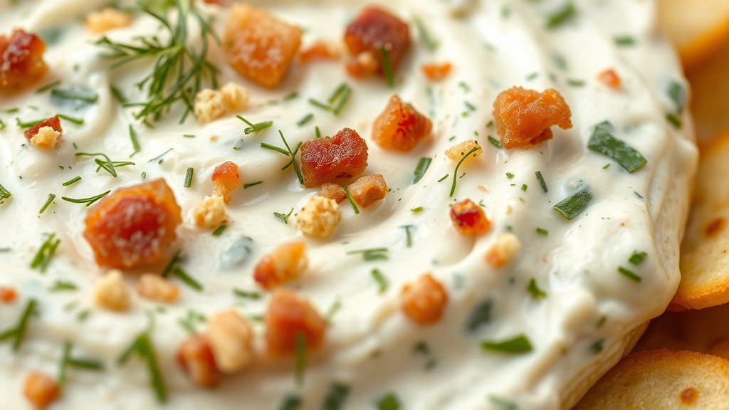 detail: close-up of dip showing texture with visible dill pieces, bacon crumbles, and creamy base, photorealistic, macro lens, natural light, no text