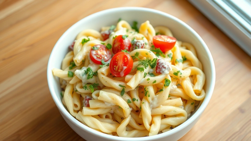 hero: dill pickle pasta salad in white ceramic bowl, vibrant green herbs and red tomatoes visible, creamy dressing coating rotini, shot from above at 45 degrees, natural window light, wooden table background, photorealistic, appetizing, no text