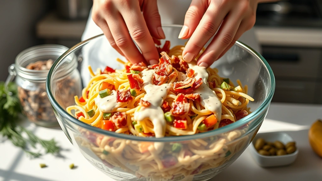 process: hands tossing pasta with vegetables and bacon in large glass mixing bowl, creamy dressing coating ingredients, fresh dill and diced pickles visible, natural daylight streaming in, photorealistic, professional kitchen setting, no text