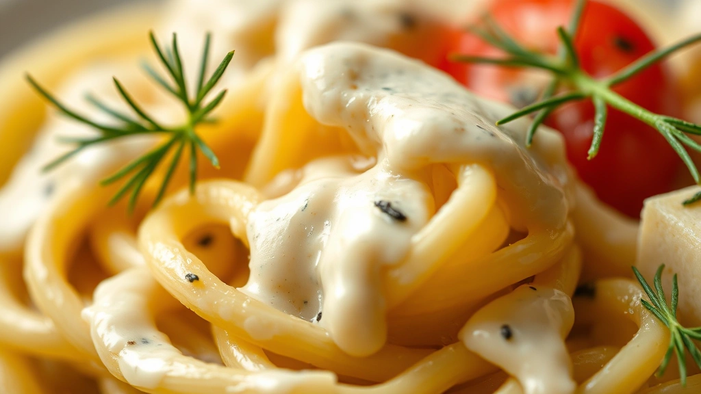 detail: close-up macro shot of individual pasta piece coated with creamy dressing, dill speck visible, cherry tomato and cheese cube nearby, shallow depth of field, natural light highlighting textures, photorealistic, no text