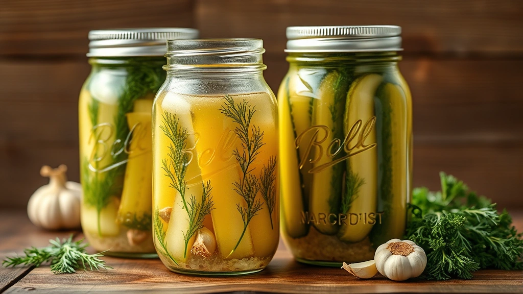 hero: mason jars filled with homemade dill pickles, fresh dill and garlic visible, clear brine, sunlight streaming through, rustic wooden table background, photorealistic, natural light, no text