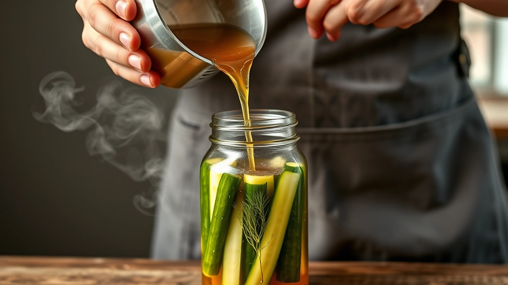 process: pouring hot brine into mason jar with cucumber spears and dill, canning funnel visible, steam rising, hands wearing canning apron, photorealistic, natural light, no text