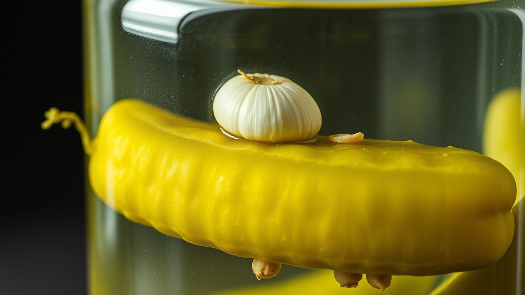 detail: close-up of perfect pickle spear with dill head, garlic clove, and mustard seeds visible in clear brine inside jar, macro photography, photorealistic, natural light, no text