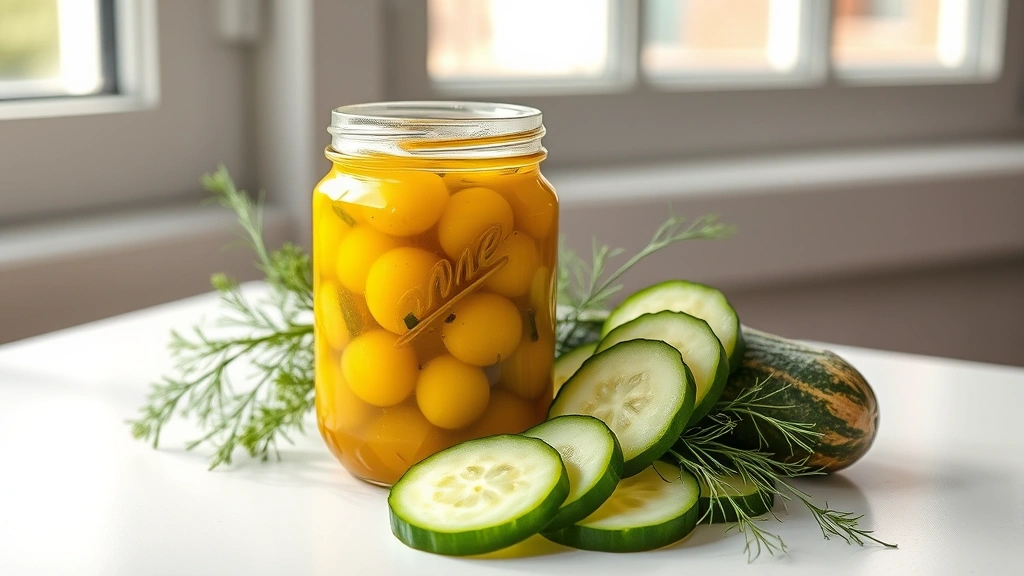 hero: golden-hued dill pickle relish in glass jar, fresh dill sprigs and cucumber slices arranged artfully beside jar, bright natural window light, clean white surface, photorealistic, no text