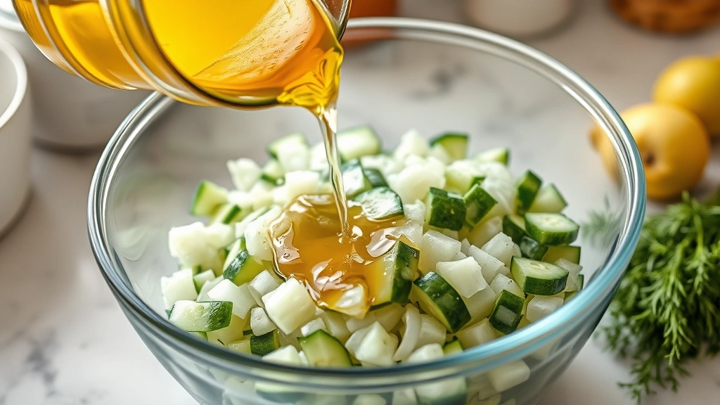 process: hand pouring hot golden brine over fresh diced cucumbers and onions in large glass bowl, steam rising, garden fresh dill visible, bright kitchen counter, photorealistic, no text