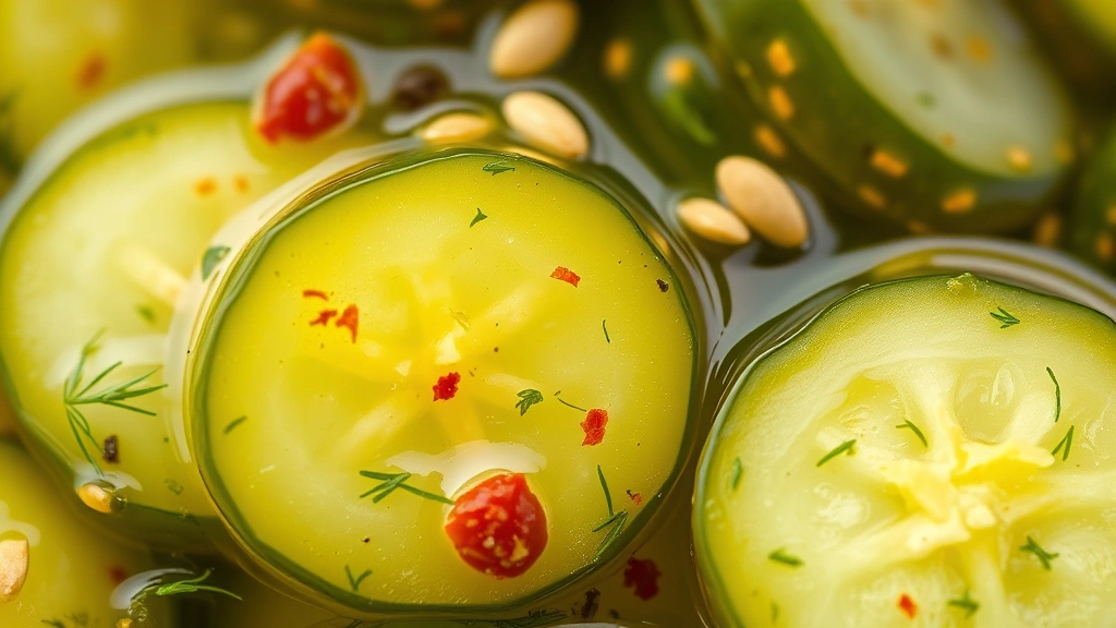 detail: close-up macro shot of finished dill pickle relish showing individual cucumber pieces, mustard seeds, red pepper flakes, and dill herb pieces in clear brine, photorealistic, shallow depth of field, no text