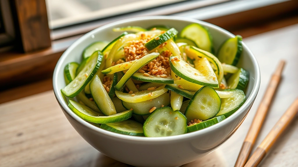 hero: bowl of Din Tai Fung cucumber salad with sesame seeds and green onions, glistening with sesame oil dressing, crispy fresh cucumbers, professional food photography, natural window light, white ceramic bowl, chopsticks beside the bowl, vibrant and appetizing