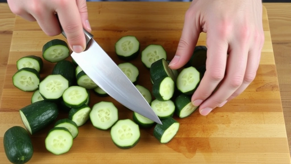 process: hands using flat side of chef knife to smash cucumbers on wooden cutting board, showing the technique, close-up of smashing motion, natural daylight, wooden surface, clear demonstration of the preparation method
