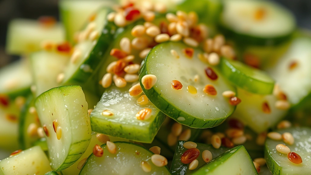 detail: close-up macro shot of cucumber salad with visible sesame seeds, chili oil drops, minced garlic, green onion slices, and Sichuan peppercorn flecks, shallow depth of field, professional food styling, garnish clearly visible