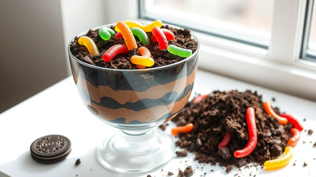 hero: completed dirt and worms dessert in glass trifle bowl with gummy worms visible on top, chocolate pudding layers, crushed Oreo dirt, natural daylight from window, clean white background, appetizing and playful