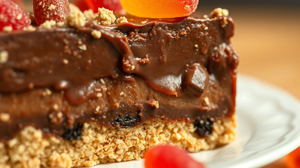 detail: close-up cross-section showing distinct layers of chocolate pudding, buttered cookie crumbs, and gummy worms, shallow depth of field, warm natural light, texture prominent