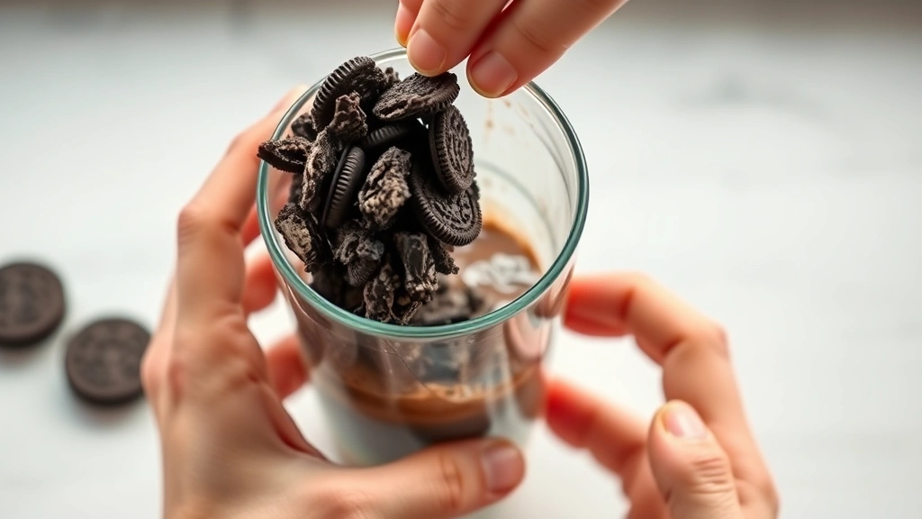 process: hands layering crushed Oreo cookies into clear cup over chocolate pudding, in progress assembly, photorealistic, natural window light, no text, overhead angle