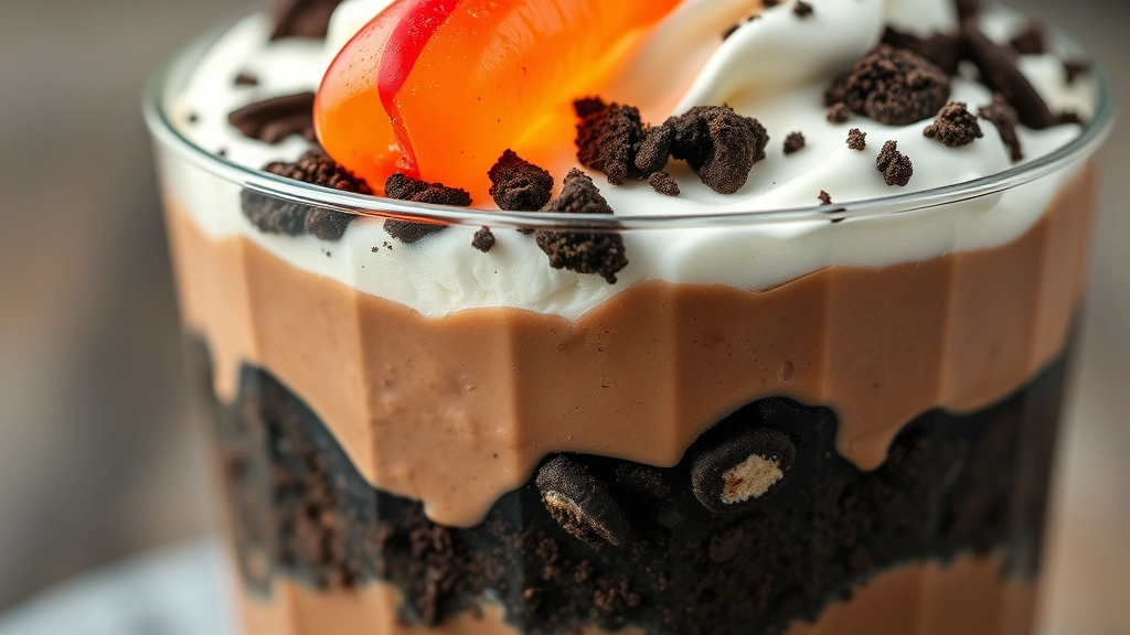 detail: close-up cross-section of completed dirt cup showing distinct layers of chocolate pudding and Oreo crumbles, whipped cream topping with gummy worm, photorealistic, macro photography, natural light, no text