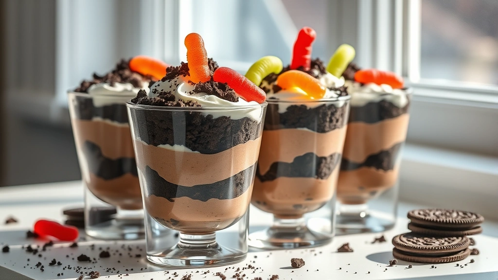 hero: dirt pudding dessert in clear glass cups layered with chocolate pudding crushed Oreo cookies and whipped cream topped with gummy worms photorealistic natural window light no text