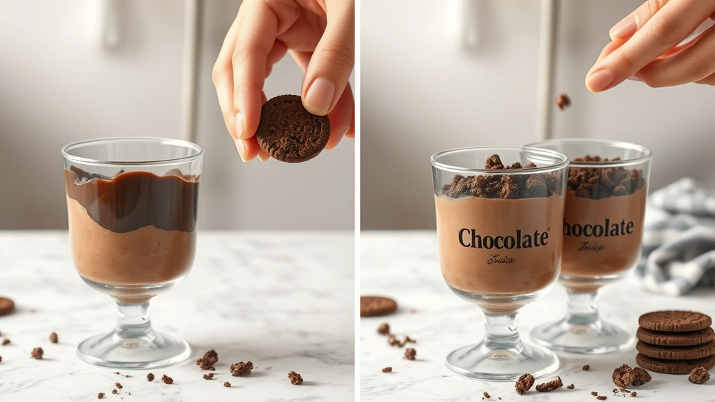 process: hands layering chocolate pudding and crushed cookies in glass cups showing the assembly steps photorealistic natural light no text