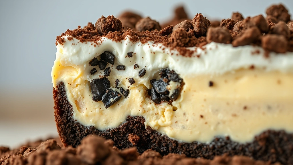 detail: close-up cross-section of dirt pudding showing distinct layers of pudding cookies and whipped cream photorealistic natural light no text