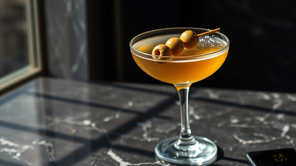 hero: classic dirty gin martini in elegant coupe glass with three green olives on cocktail pick, golden gin color with slight brine haze, natural window light casting soft shadows, dark marble background, photorealistic, no text