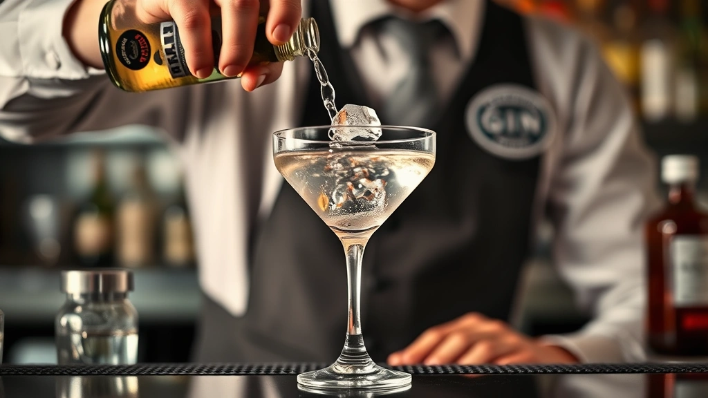 process: bartender stirring martini in mixing glass with ice, pouring from bottle of premium gin, close professional bar setting, natural light from above, photorealistic, no text
