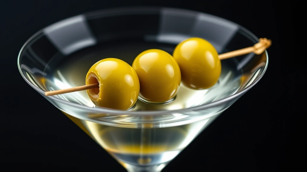 detail: extreme close-up of three perfect green olives on cocktail pick suspended in crystal-clear martini, olive oils visible, shallow depth of field, professional studio lighting, photorealistic, no text