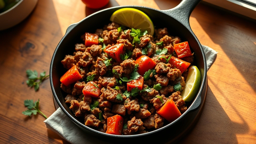 hero: sizzling discada in cast iron skillet, chorizo bacon ground beef with fresh tomatoes cilantro, overhead shot, warm golden light from window, rustic wooden table background, garnished with lime wedges and fresh cilantro, no text